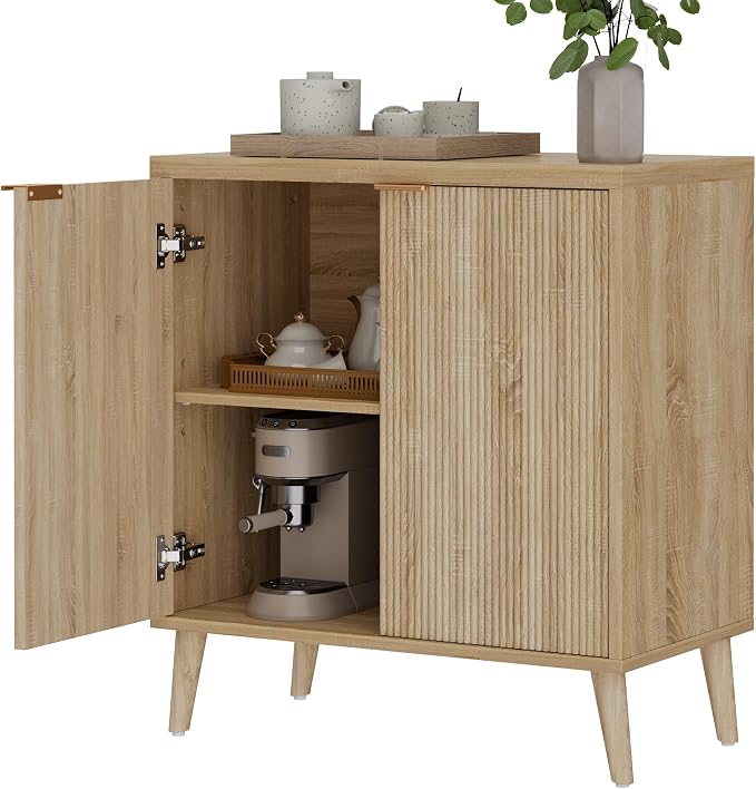 Homleke Fluted Buffet Cabinet with Storage, Modern Sideboard Cabinet | Double Doors, Adjustable Shelf, Accent Buffet Table for Kitchen, Dining Room, Living Room, Entryway & Hallway, Natural
