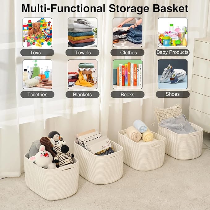 ICERZCZ Storage Baskets for Organizing & Shelves, Woven Cotton Rope Organization Bins for Dog Toys, Clothes, Books, Nursery Organizer, 15"Lx11''Wx9.5''H, (4 Packs) Off White