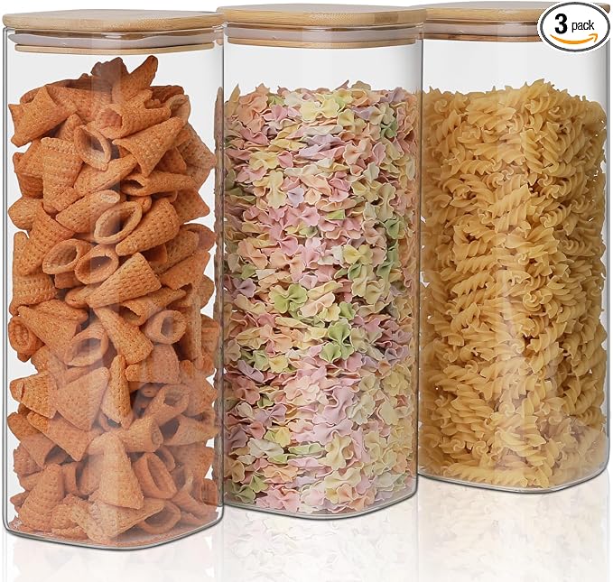 Glass Food Storage Jars 76 oz Set of 3,Glass Storage Containers Clear Glass Food Canister with Bamboo Lid Airtight For Serving Tea, Coffee, Flour, Sugar, Candy, Cookie, Spice and More (Square)