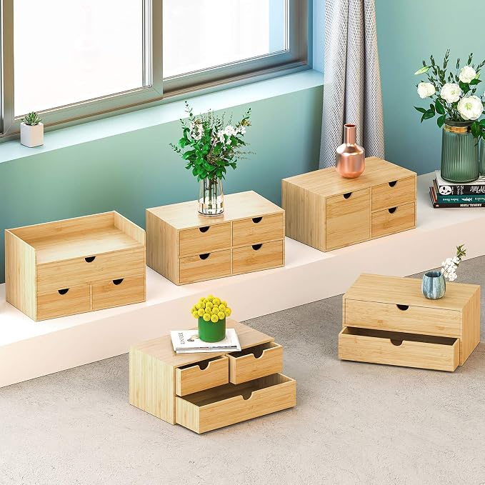 Bamboo Desk Organizer with Drawers, 3-Drawer Desktop Storage Box | 3 Drawers Open Top Tray Fully Assembled Stores Pens, Notes, Makeup, Jewelry & Toiletries for Office, Vanity & Bath