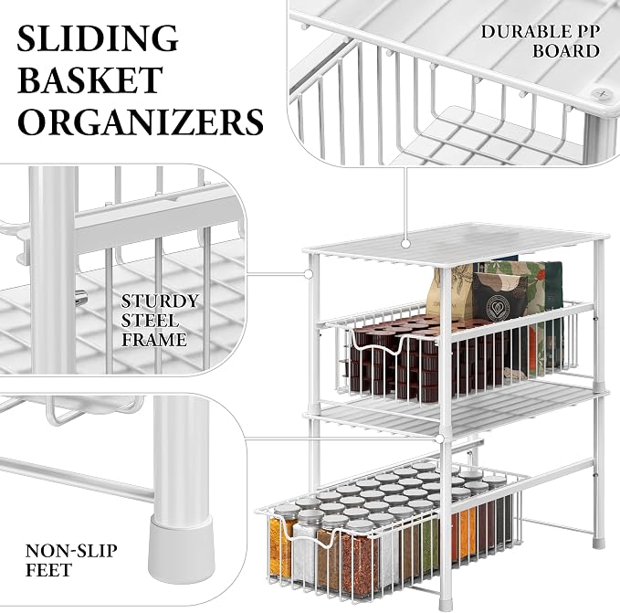 Simple Houseware Wired Stackable Under Sink Cabinet Sliding Basket, White | Free Standing Organizer Drawer, Kitchen/Pantry/Cabinet/Counter