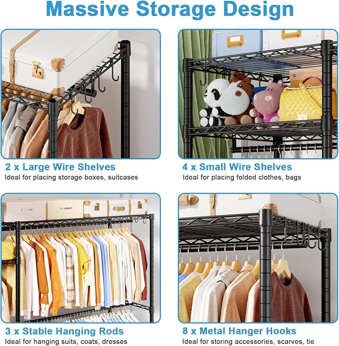 Ulif F7 Plus Clothes Rack, Clothing Racks for Hanging Clothes, Black | Heavy Duty Garment Rack, 6-Tiers Freestanding Portable Closet Storage Racks 68'' W × 14.6'' D × 76.6'' H, Max Load 850 Lbs