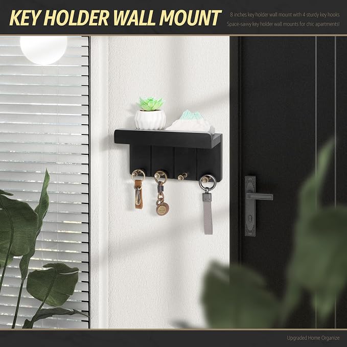 Rebee Vision Small Key Holder Wall Mount with Shelf for Entryway, Black | Mini Key and Mail Holder for Wall, 4 Key Hooks, Small Shelf for Plant Display, Aesthetic Room Decor, Space-Saving