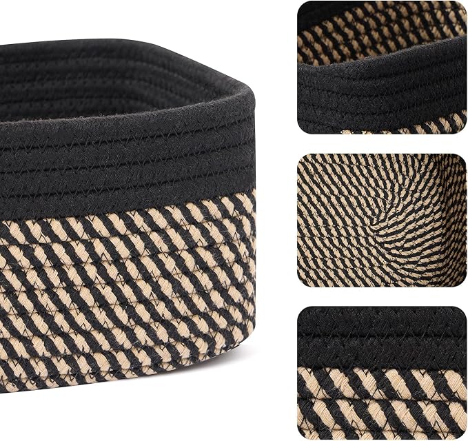 MiniArk Small Storage Baskets for Organizing | Closet Organizer Bins | Shelf Toy Basket | Woven Rope Baskets | Cube Decorative Box | Shallow Basket | 11.5x7.5x4.7” | 3 Packs Black Brown