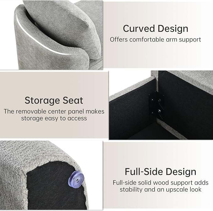 Usaint 58.3" Upholstered Storage Ottoman Bench with 2 Throw Pillows, Grey | End of Bed Bench with Curved Arms and Thickened Seat Cushion for Bedroom, Livingroom, Window, Entryway and Dressing Areas