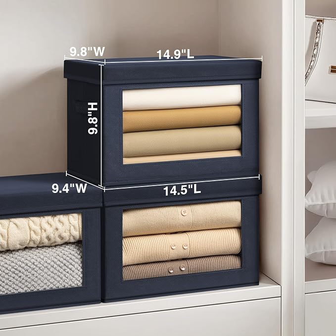 Homsorout Foldable Storage Boxes with Lids - Decorative Storage Boxes with Clear Window, Fabric Storage Baskets for Organizing, Closet Storage for Clothes, Yarn, Home, Navy Blue, 4-Pack