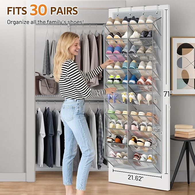 MISSLO 30 Pairs Over the Door Shoe Organizer Breathable Mesh Hanging Shoe Rack for Closet Storage with Wide Deep Pockets 10 Tier Shoes Holder Fit All the Family's Sneakers, Boots, Heels (Grey, 71")