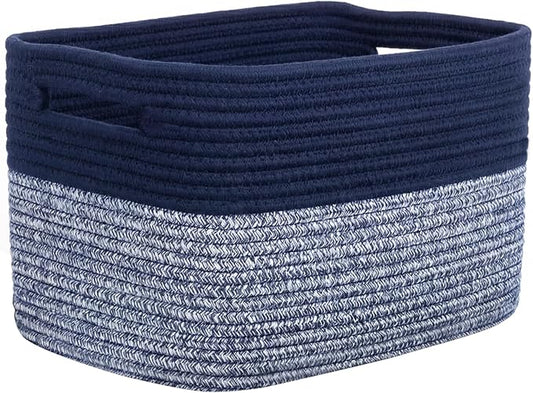 Storage Baskets for Organizing, 14 x 10 x 9” Closet Shelf Woven Baskets, Square Bins with Handles, Cotton Rope Basket for Clothes, Office, Room, Grey+Blue 1 Pack