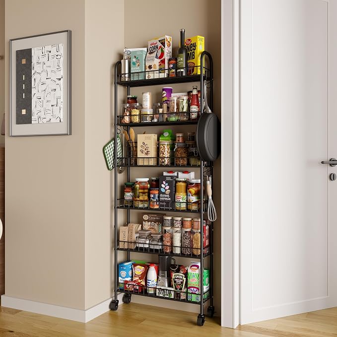 Slim Rolling Storage Cart with Wheels, Metal 6 Tier Spice Rack Mobile Shelving Unit Organizer Kitchen Utility Cart for Office Bathroom Kitchen Laundry Room Narrow Places (6inches)