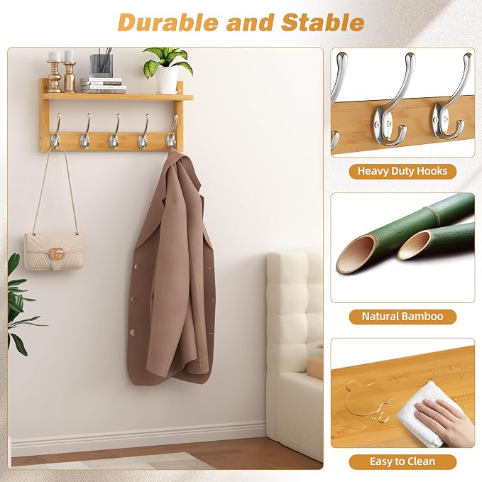 VASMIA Coat Rack Wall Mount with Shelf,Bamboo Wall Shelf with Hooks,Coat Hangers for Entryway,Bathroom, Living Room, Bedroom, Natural