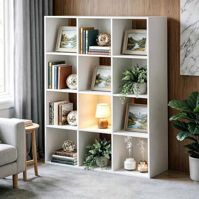 SUPER DEAL 12-Compartment Open Shelf Bookcase, 47 inch Wide Cube Storage Cabinet Wood Cubical Bookshelves Display Unit with 6 Removable Back Panels for Living Room Bedroom, White