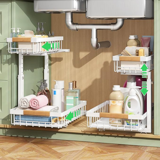 Kitstorack Under Sink Organizer, 2 Tier Under the Sink Storage, Slide out Pull out Cabinet Organizer Shelf, Metal Sliding Drawer for Kitchen Bathroom Pantry Closet Organization Rack, White, 2 Pack