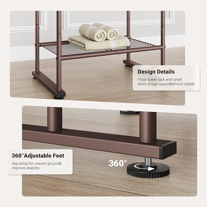 ELYKEN 40" H Freestanding Towel Rack with Shelf, 3 Tier Towel Stand, Bronze | Metal Drying Rack for Oversized Bath Towels & Blankets, 4 Hooks, Indoor & Outdoor Use, Fits Bathroom, Tub, Shower, Poolside