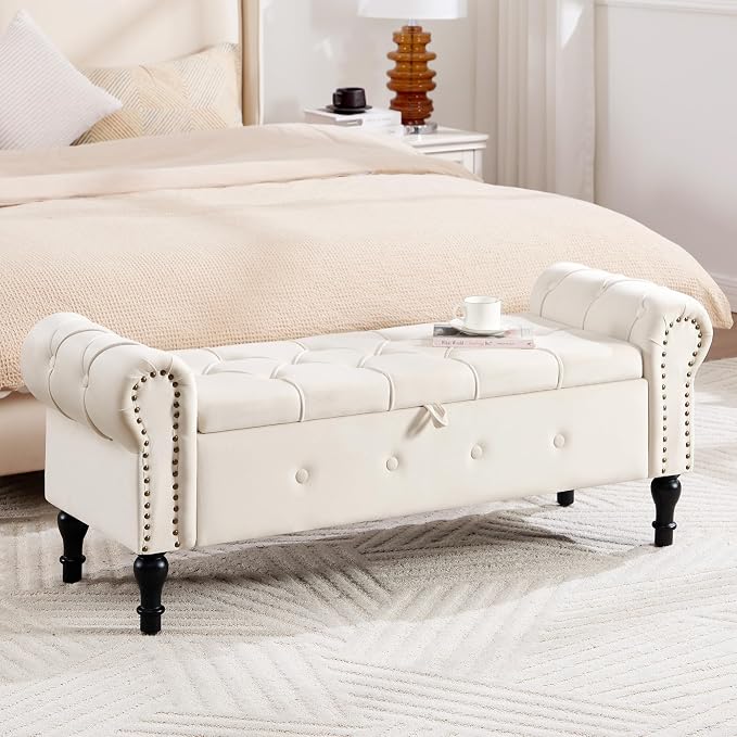 Storage Bench 51" Velvet End of Bed Benches Beige | Queen Size Storage Bench for Bedroom with Rolled Arms Tufted Ottoman Benches Upholstered Bench for Living Room Entryway