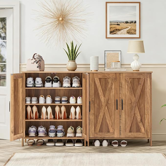Homleke Farmhouse Shoe Cabinet with 2 Barn Doors & Wood Legs | Tall 4-Tier Shoe Storage Cabinet, 3 Adjustable Shelves, Shoe Rack Organizer, for Entryway, Hallway, Closet, Rustic Walnut