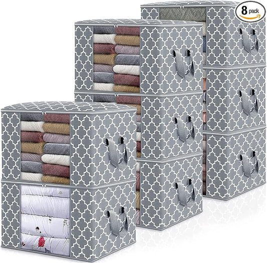 WISELIFE Storage Bags 100L 8-Pack Large Blanket Clothes Organization and Storage Containers for Bedding, Comforters, Foldable Organizer with Reinforced Handle, Clear Window, Sturdy Zippers, Light Grey