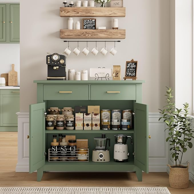 HORSTORS Farmhouse Kitchen Storage Cabinet, Small Buffet, Coffee Bar, Green | Buffet Sideboard with 2 Drawers & 2 Doors, 35.8"W Coffee Table, Sapce-saving Kitchen Cabinet for Dining Living Room, Entryway