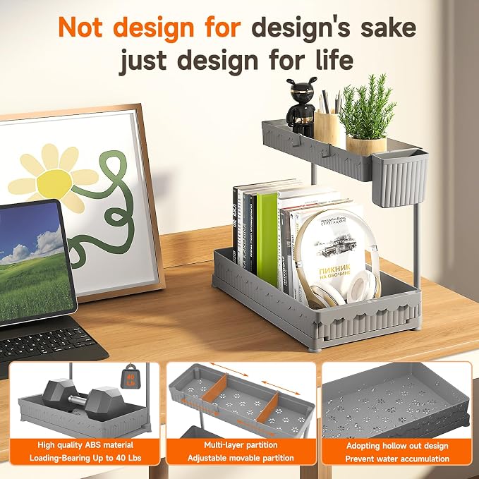 Sevenblue 3-Pack 2-Tier L-Shaped Under Sink Organizers with Sliding Drawers | Multi-use kitchen & bathroom storage, 12.85 inch grey cabinet organizer, space-saving sliding drawer design.