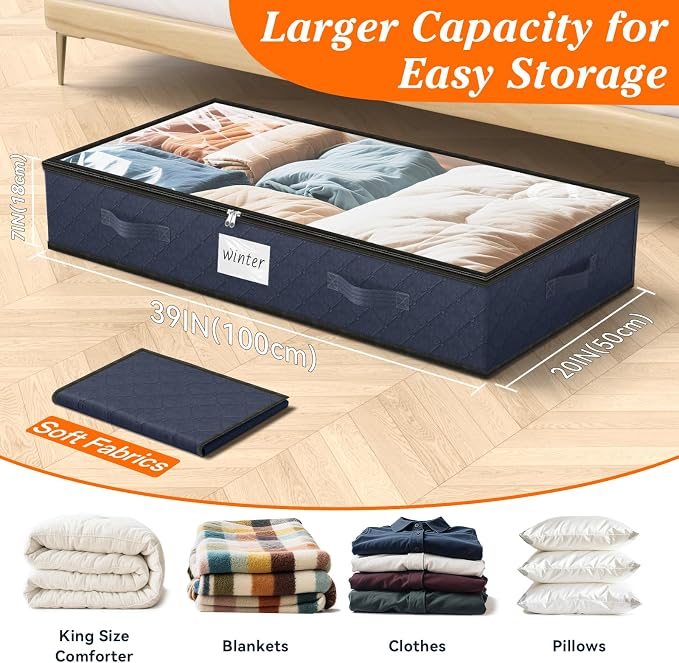 90L Under Bed Storage Containers, Storage Bags, Organizers, 2-Pack, Blue | Foldable, Soft Fabric, Closet Organizers, Reinforced Handle, Label Holder, Clear Window, for Comforters, Clothing, Blankets