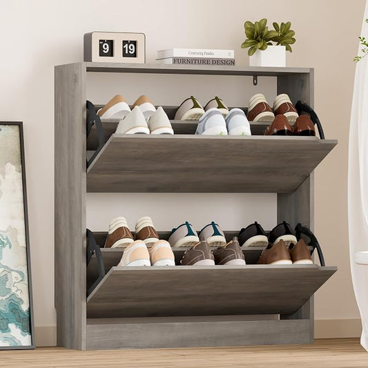 BORNOON Shoe Cabinet with 2 Flip Drawers, Slim Narrow Shoe Storage Cabinet, Freestanding Shoe Organizer with Adjustable & Removable Shelves, Top Display Shelf for Entryway, Hallway, Foyer, Closet