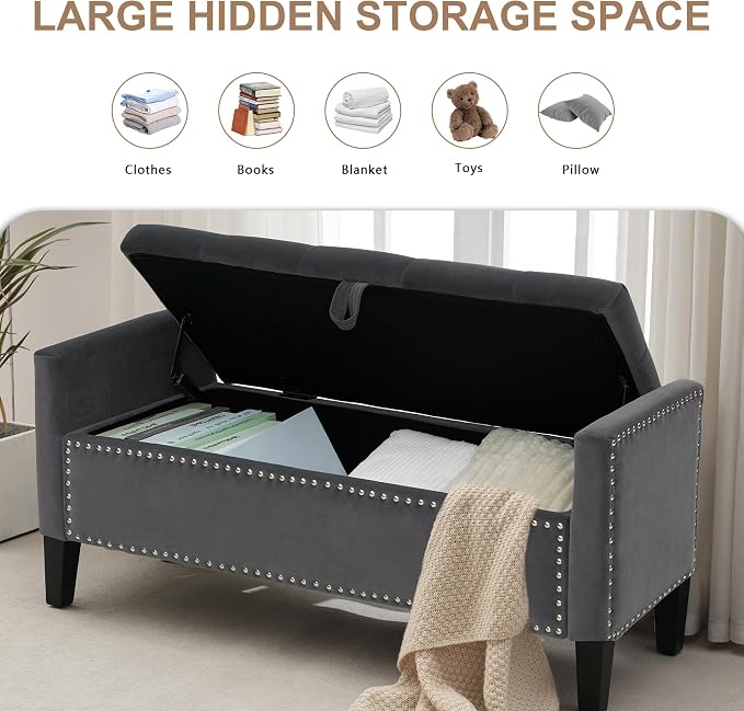 Velvet Ottoman with Storage, 46'' Upholstered Button Tufted End of Bed Bench with Arms, Modern Storage Bench for Living Room, Bedroom, Entryway, Dark Grey