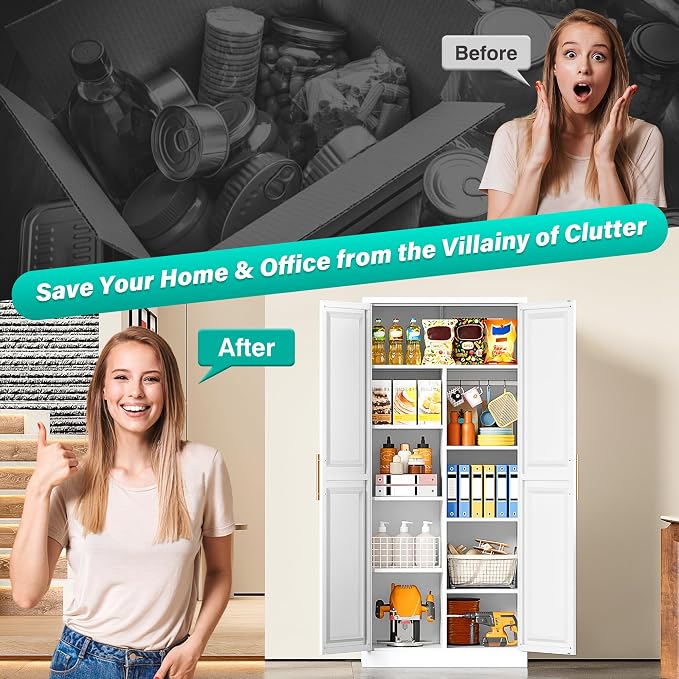 SISESOL 71" Tall Storage Cabinet with 9 Shelves and Hanging Rod,Kitchen Pantry Cabinet with 2 Door,White Metal Storage Cabinets,Large Cupboard for Home,Kitchen,Laundry,Bathroom