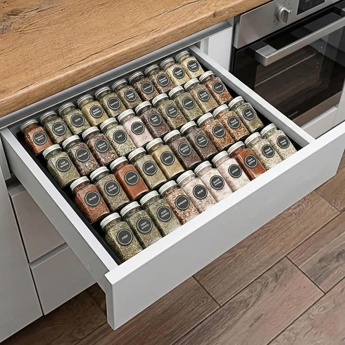 GOENDR Metal Spice Drawer Organizer, 4-Tier Spice Rack for Drawer, Expandable Seasoning Organizer Fits 11.4-22.8” Wide Drawer, Holds up to 48 Spice Jars (Not Included), Black
