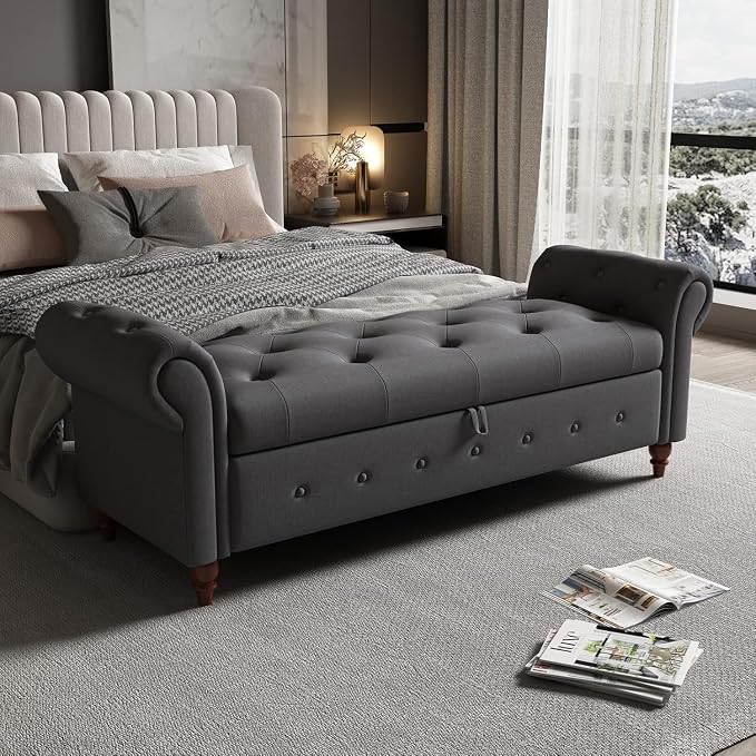 NIOIIKIT 63'' Storage Ottoman Bench, Tufted Entryway Bench Grey Polyster | Button Tufted End of Bed, Large Storage Space, Rolled Armed Ottoman Couch Long Bench for Bedroom, Living Room, Hallway