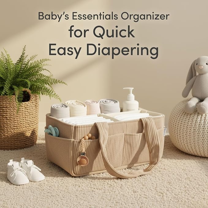 PUTSKA Baby Diaper Caddy Organizer, Nursery Basket, Brown Corduroy