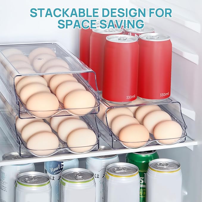 Vtopmart 2 Pack Egg Holder for Fridge, Automatic Rolling Egg Container | Stackable Clear 14-Count Eggs Organizer with Removable Inner Tray, Egg Storage for Refrigerator, Space Saving