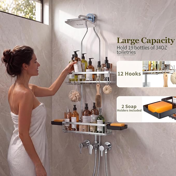 Skyapex Shower Caddy Hanging: Adjustable Height, Rustproof Shelves with Hooks, 2 Soap Holders - Silver Shower Organizer Over Showerhead