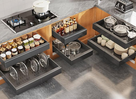 Seinloes 6Pack Expandable Pull Out Cabinet Organizer 21"Deep with Raising Pad for Framed Cabinets,Slide Out Drawers with 4pcs Divider Racks,Roll Out Shelves Adhesive,Adjustable Width 12.05"-20.4"Black