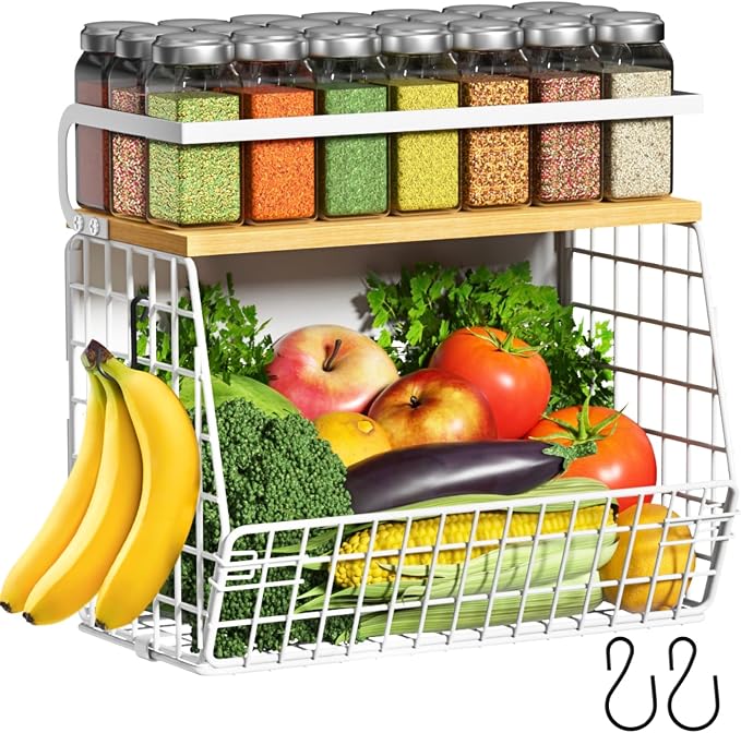 Magnetic Fridge Shelf with Wood Lid, Fruit Potato Onion Storage Bins, Pantry Organizers, Large Container Spice Rack for Refrigerator, Kitchen Counter, Cabinet (1, White)