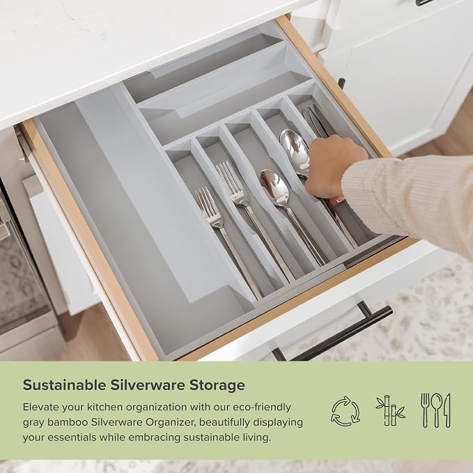 KitchenEdge Silverware & Utensil Drawer Organizer, 10.5-19 in, Gray Bamboo | Cutlery, flatware, food-safe contract grade, kitchen drawer fit