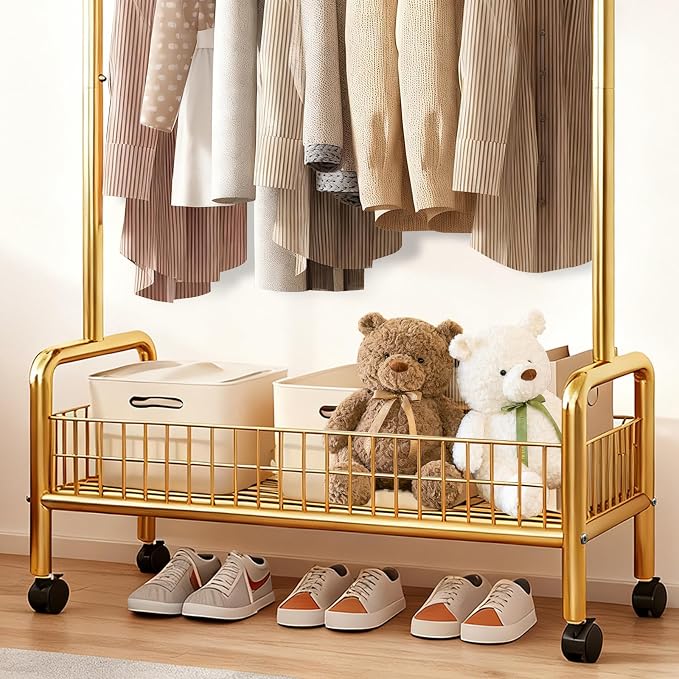 MYUPDALIN Clothes Rack with Shelves, Clothing Rack with Wheels, Multifunctional Hangers with Storage Baskets and Shoe Racks, Ideal for Bedrooms and Living Rooms (Gold, 60cm/23in)