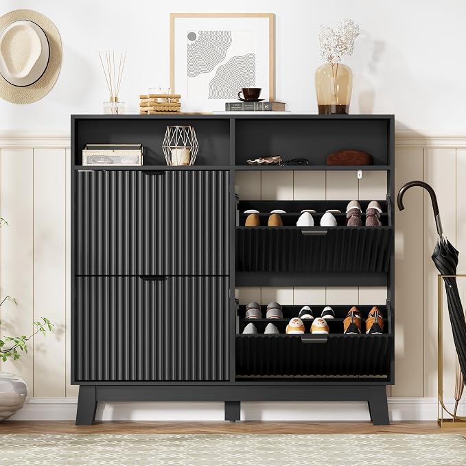 Shoe Cabinet Storage for Entryway with 4 Flip Drawers, Fluted Narrow Shoe Organizer with Wooden Legs & Top Cubby, Freestanding Slim Shoe Storage Hidden Shoe Rack for Front Door Entrance, Black