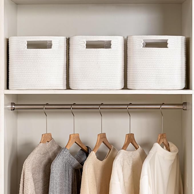 4 Pack Storage Baskets for Organizing, Shelf Baskets with Handles, White | 14.5"Lx9.8"Wx9"H, Woven Basket, Cotton Rope Basket, Toy Storage, Cube Shelf, Gift Baskets Empty, Home Decor
