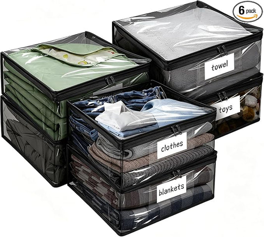 Kikerike Plastic Storage Bags with Easy-Glide Zipper, Pack of 6, Durable Clear Vinyl Zippered Storage Bags for Clothes Sweaters Comforters Blankets Sheets Bedding (12 x 12 x 3.9 Inch, Black)