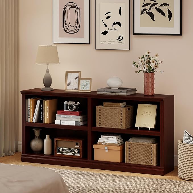 64" W Double Wide Open Shelf Bookcase, 2 Tiers 4 Storage Cube Book Case | Horizontal Bookshelf, Display Cabinet Organizer Indoor Furniture, Home Library Office, Mahogany Adjustable Shelf