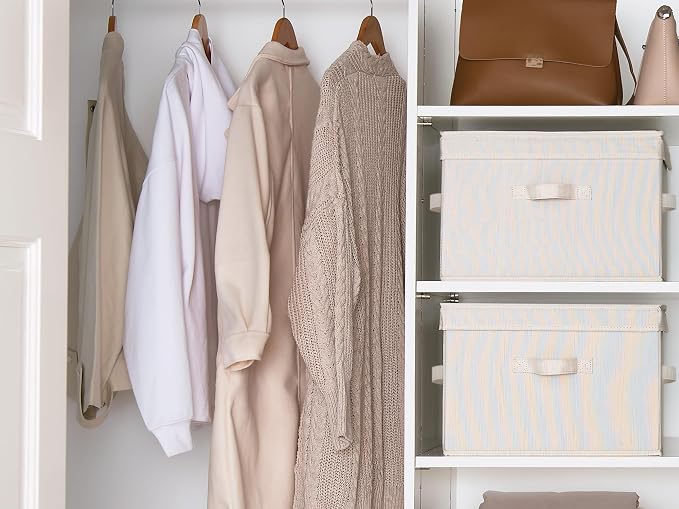 StorageWorks Fabric Storage Bins with Lid, Decorative Storage Boxes for Shelves, Stackable Closet Organizer Basket with Handles, Large, Mixing of Beige, White & Ivory, 2-Pack | Flip-Top Lid, 3 Handles, Collapsible, Stackable, for Clothes Blankets, Mult...