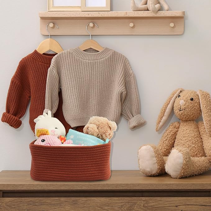 XUANGUO Small Woven Storage Baskets for Shelves, 13" x 9" x 5", Rustic | Decorative rope storage bins for closets and toy storage; cute organizer baskets, empty gift baskets and nursery storage.