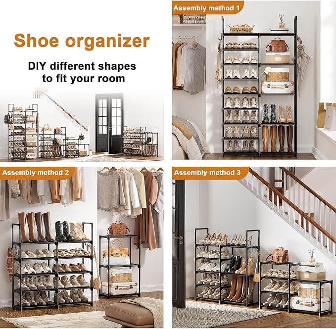 WOWLIVE 9 Tier 2-Column Shoe Rack, 30-35 Pairs Stackable Black | Compact 33.75in long fits narrow spaces. Removable layers for boots/heels. Split design for flexible layout.