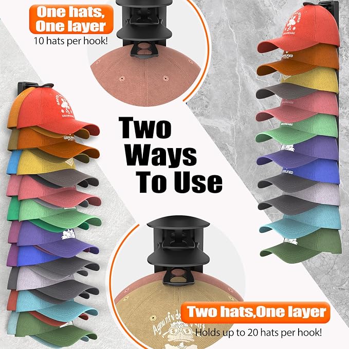 Hat Organizer for Baseball Caps, 2 Pack Hat Rack for Wall, Strong Adhesive Hat Storage Display Holder(Rainbow)