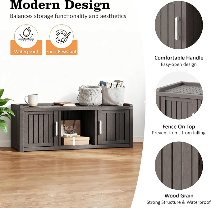 2-Tier Storage Bench, Waterproof UV-Resistant Outdoor Shoe Storage Cabinet with 2 Doors & Adjustable Shelves for Indoor Outdoor Entryway, Hallway, Living Room(Classic Grey)