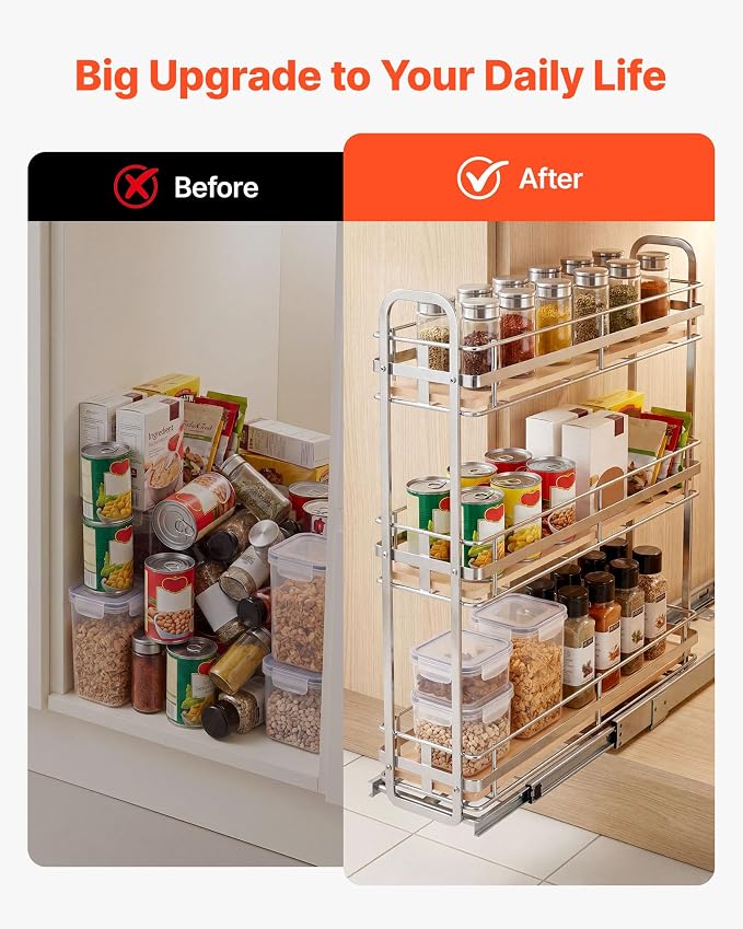 VEVOR Pull Out Spice Rack Organizer for Cabinet, 3 Tier Slide Out Spice Rack Organizer, Height Adjustable Heavy Duty Metal Seasoning Kitchen Basket for Cabinets, 5.75" W x 20.98" D x 21.34" H, Silver