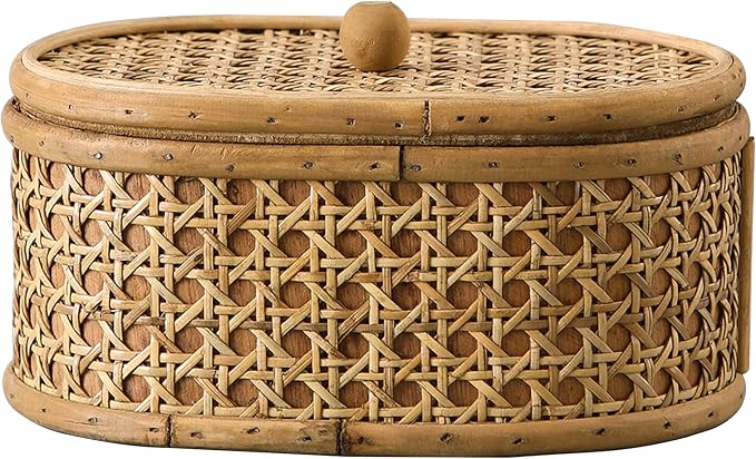 SOFE Rattan Decorative Box with Lid, Small Oval Box for Storage, Hand-Woven Display Boxes for Organizing Jewelry, Candies, Snacks, Keys, Farmhouse & Boho & Modern Home Decor, Dresser Decor