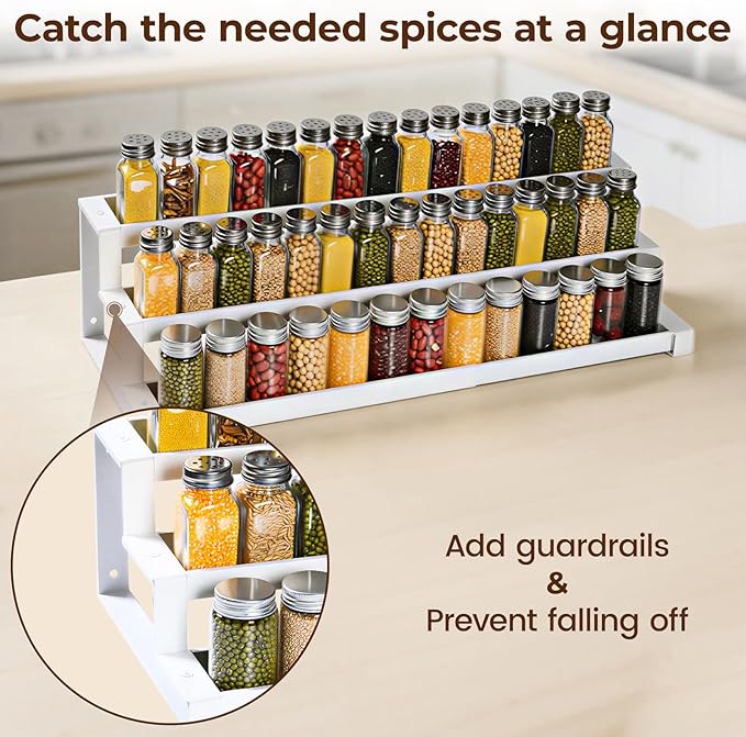 Expandable Spice Rack Organizer for Cabinet, 3 Tier Metal Spice Organization,16"-29.5" Wide Adjustable Seasoning Organizer, Display Shelf, Canned Goods Organizer for Pantry Kitchen Countertop, White
