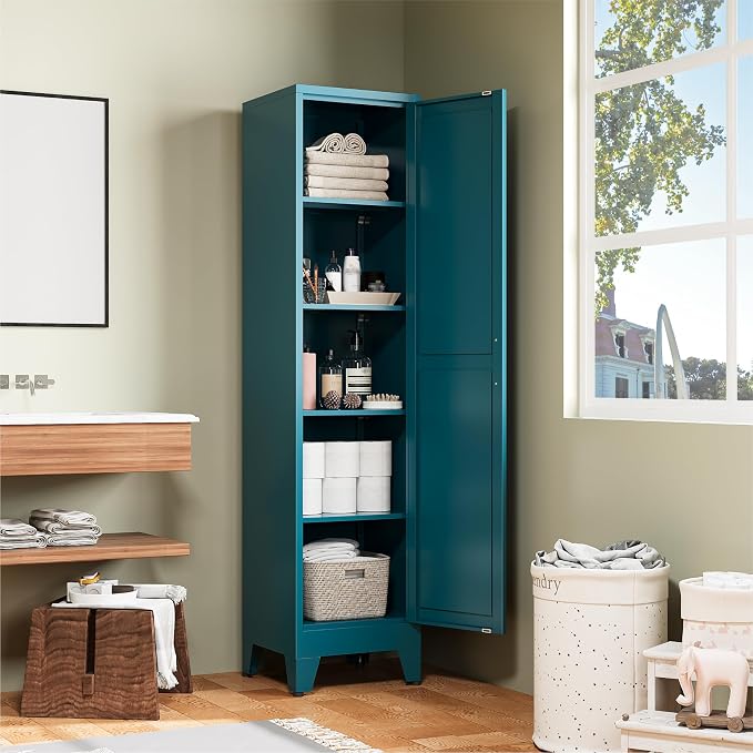 COFaR 67" Metal Narrow Storage Cabinet, Peacock Blue Slim Storage Cabinet with Magnetic Door & 4 Adjustable Shelves, Slim Freestanding Cupboard for Bathroom, Kitchen
