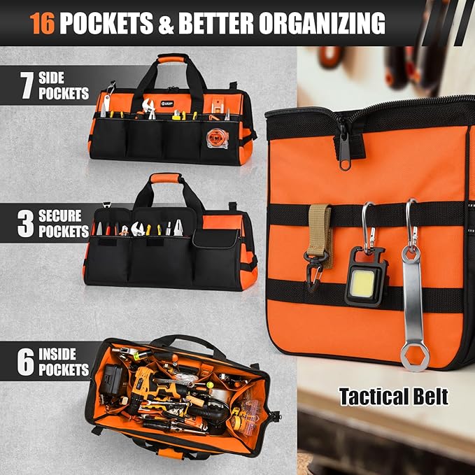UUP Tool Bag ExtraLarge 20", Heavy Duty Spacious Tool Box Organizer, Orange | 16 Pockets & MOLLE. Detachable Strap & Handle. Non-slip Base, Metal Buckle. 30lb Holds Tools on Truck, Garage, Men Gift.