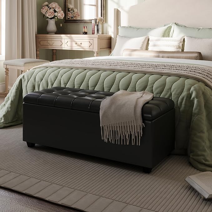 38" Black Faux Leather Storage Ottoman Footrest | Solid wood frame bench, 4-leg easy assembly. Use as end-of-bed, footrest, entryway seat. Hinged hidden storage, multi-use.